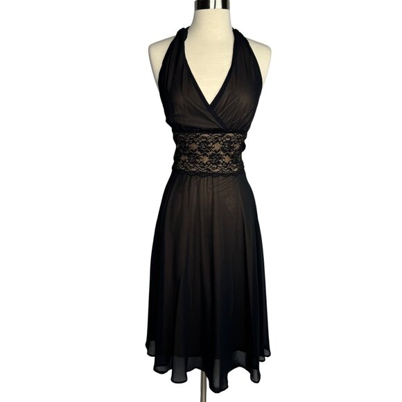Dressbarn Collection Dresses & Skirts - Vintage Y2K Whimsigoth Dressbarn Sheer Black Halter Dress With Lace Waist Sz 8